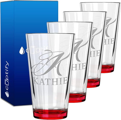 Personalized Beer Glasses Set of 4 Engraved Red 16oz Pint Glasses for Men & Women, Custom Drinking Gift for Birthdays, Weddings, Father’s Day & More