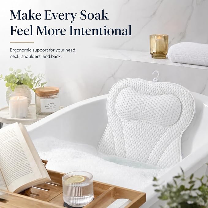 Bath Pillow Bathtub Pillow, Bath Tub Pillows for Head and Neck, Bath Tub Pillow Headrest with Soft Air Mesh Fabric & Strong Suction Cups, Relaxing Bath and Spa Accessories(White)