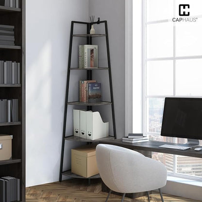 CAPHAUS Tall Corner Shelf Stand, 4-Tier Display Shelves, Ladder Corner Wood Storage Plant Bookshelf with Metal Frame, Versatile Shelving Unit Bookcase for Home Office Space, Dark Grey