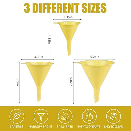 Plastic Kitchen Funnel Set of 3, Round Kitchen Funnels for Filling Bottles, Durable and Multifunctional Funnels for Filling Canning, Cooking, Lab or Car Oil (Milk Yellow)