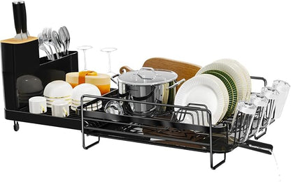 Runnatal Dish Drying Rack Extendable, Large Dish Rack with Drainboard, Utensil Holder, Cup Holder, Expandable Dish Drainer for Kitchen Counter, 20.5"-27.6" L x 12.6" W