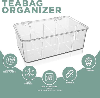 Utopia Home Tea Bag Organizer - Stackable Tea Bag Storage Organizer with Clear Top Lid- Tea bag holder For Counter tops, Kitchen Cabinets, Pantry, Sweeteners (Clear, Pack of 6)