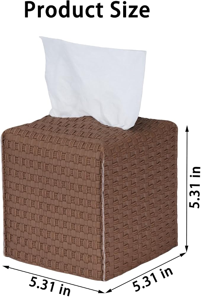 Tissue Box Cover 2-Pack, Square Tissue Holder with Bottom Belt, Modern Tissue Case Facial Paper Organizer Dispenser for Bathroom, Office, Home, Table, Car, Woven Pattern Brown
