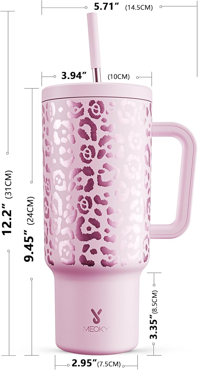 Meoky 40 oz Tumbler with Handle and Straw, Tumbler with Lid and Straw, Insulated Stainless Steel Travel Mug, 100% Leak-proof, Keeps Cold for 34 Hours or Hot for 10 Hours (Pink Leopard)