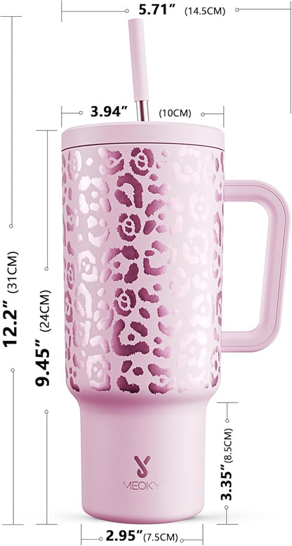 Meoky 40 oz Tumbler with Handle and Straw, Tumbler with Lid and Straw, Insulated Stainless Steel Travel Mug, 100% Leak-proof, Keeps Cold for 34 Hours or Hot for 10 Hours (Pink Leopard)