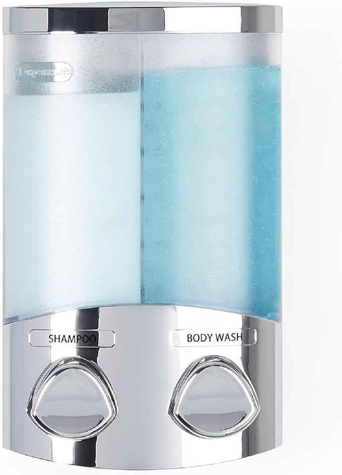 Better Living EURO Shower Dispenser Wall Mount Shower Soap Dispenser for Bathroom Hotel Body Wash, Corner or Flat Wall Shower Shampoo Dispenser, Built-in Hooks, 2 x 10.5 oz, Chrome, 2-Chamber