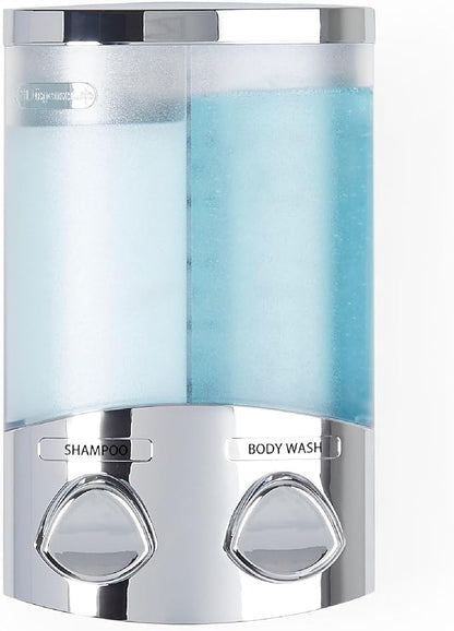Better Living EURO Shower Dispenser Wall Mount Shower Soap Dispenser for Bathroom Hotel Body Wash, Corner or Flat Wall Shower Shampoo Dispenser, Built-in Hooks, 2 x 10.5 oz, Chrome, 2-Chamber