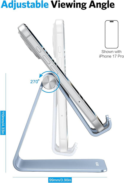 OMOTON Adjustable Cell Phone Stand, Aluminum Desktop Cellphone Stand with Anti-Slip Base and Convenient Charging Port, Fits All Smart Phones, Light Blue
