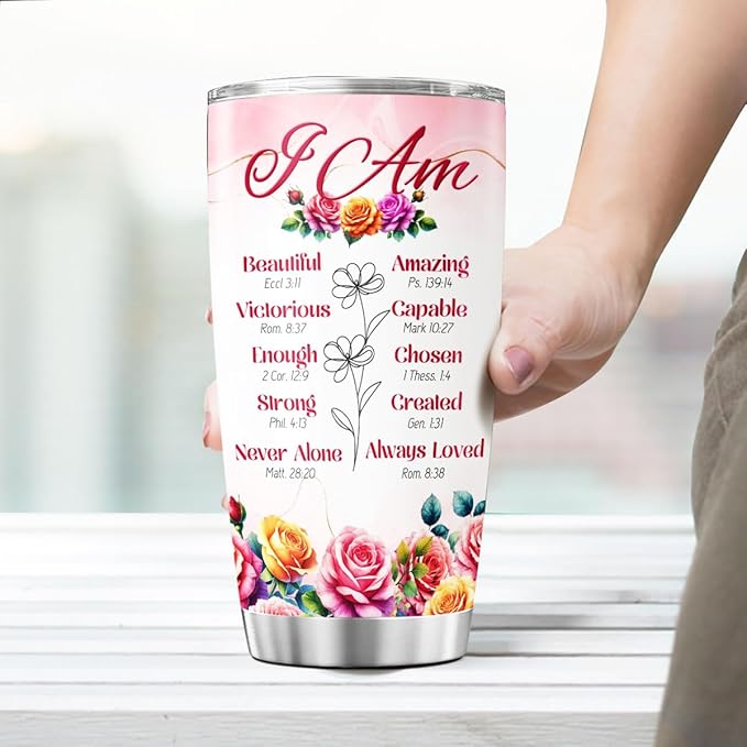 Christian Affirmation Gift for Women, I Am Scripture Tumbler with Bible Verses, Inspirational Floral 20oz Stainless Steel Insulated Cup, Religious Faith Present for Mom, Sister, Friend