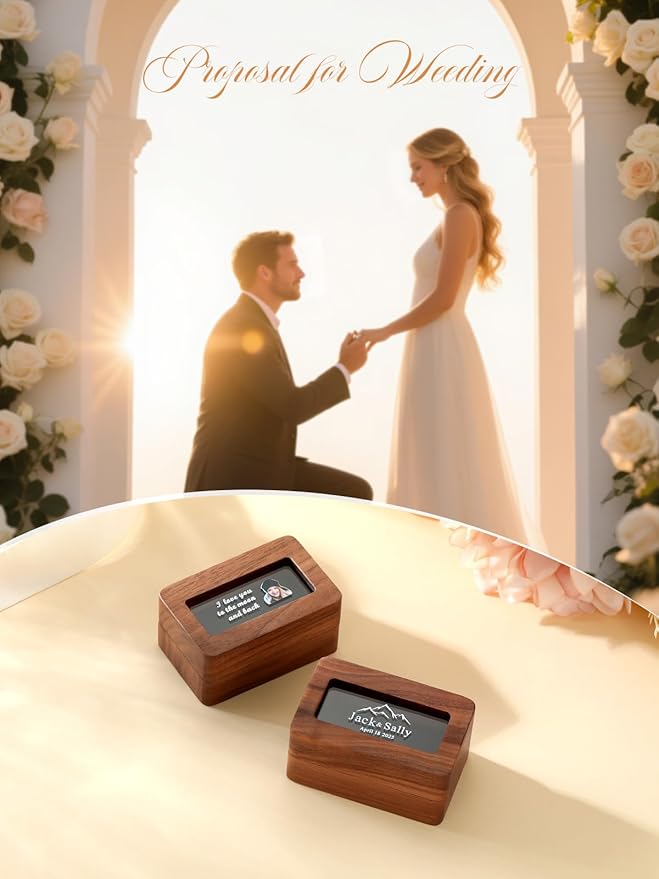 Custom4U Personalized Photo Ring Box Vintage Wooden Ring Box for Wedding Ceremony Custom Name and Date Rectangle Storage Jewelry Box for Her Him