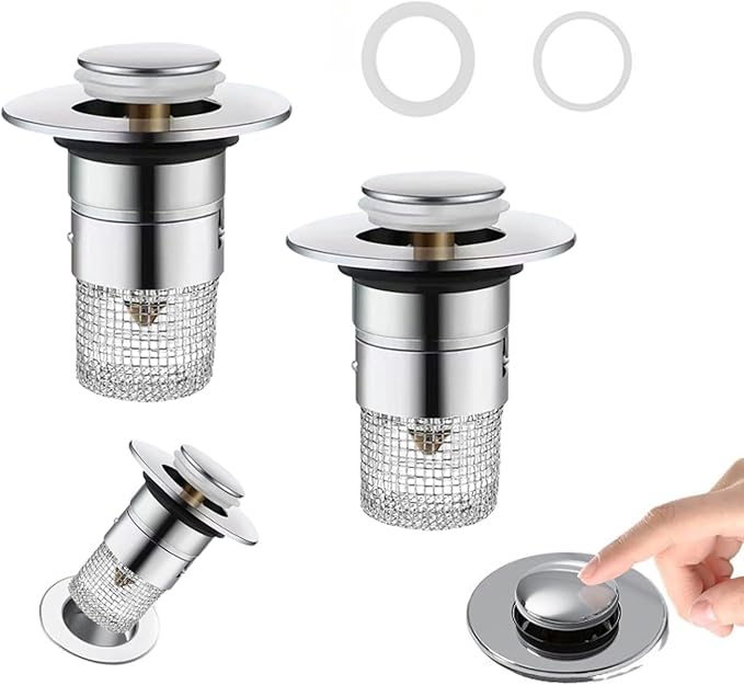 Bathroom Sink Drain Strainer, Pop Up Sink Drain Strainer with Removable Stainless Steel Filter Basket Hair Catcher, Universal Drain Plug for Bathroom Sink Stopper Replacement (2 pcs)