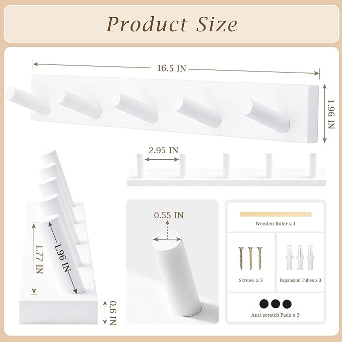 Coat Rack Wall Mount, Wooden Coat Hanger with 5 Hooks, Heavy Duty, White, 1 Pcs