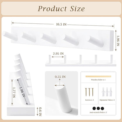 Coat Rack Wall Mount, Wooden Coat Hanger with 5 Hooks, Heavy Duty, White, 1 Pcs