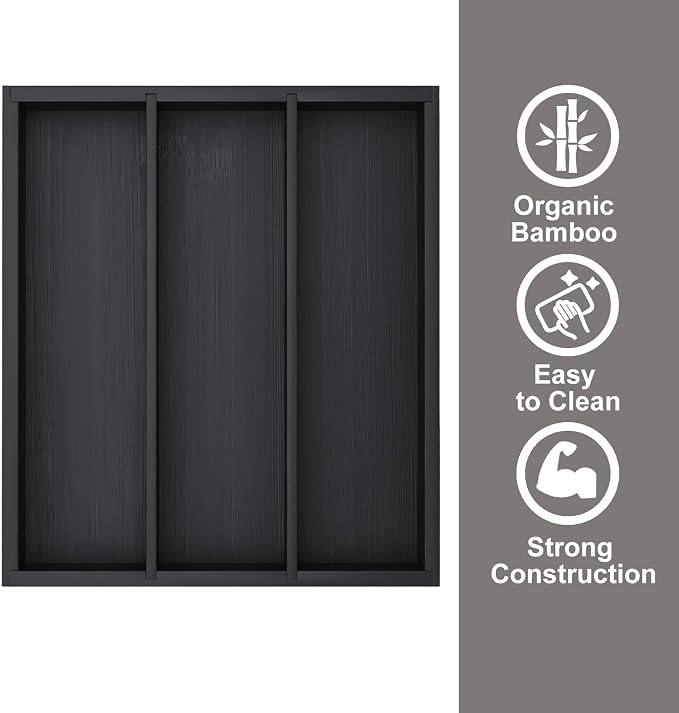 Fibogollo Silverware Organizer Bamboo Kitchen Drawer Organizer, Flatware Organizer Tray for Kitchen, Flatware, Utensils（Black）