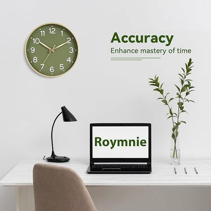 Roymnie Wall Clock 12 Inch Silent Green Wall Clocks Battery Operated- Modern Non Ticking Analog Clock Decorative for Living Room Bedroom Office Kitchen(Gold)