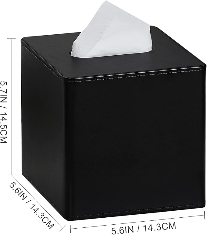 GOLRANLYE Tissue Box Cover Square 2 Pack PU Leather Facial Tissue Box Holder for Dresser Bathroom Decor (Black)