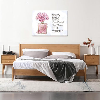 arteWOODS Fashioner Perfume Canvas Wall Art Gold Bottle Pink Flower Canvas Pictures Brown Inspirational Words Canvas Prints Motivational Quetos Wall Decor for Bathroom Bedroom Powder Room 28" X 20"