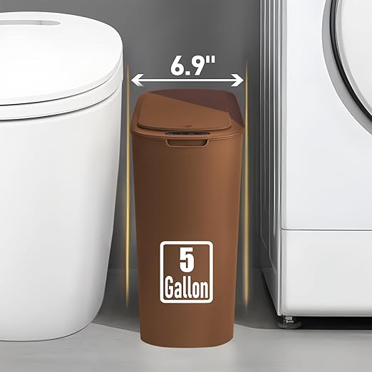 TIPGO 5 Gallon Motion Senor Bathroom Trash Can with Lid, Automatic Garbage Can Touchless, Smart Plastic Waste Basket for Narrow Spaces, Bathroom, Office, Bedroom, Living Room (Brown)