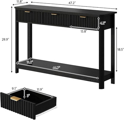 Set of 2 Console Table with Drawers, Modern 47.1" Entryway Table with Storage Shelf, Boho Narrow Skinny Behind Couch Wood Sofa Table for Living Room Hallway Entrance Foyer,Black