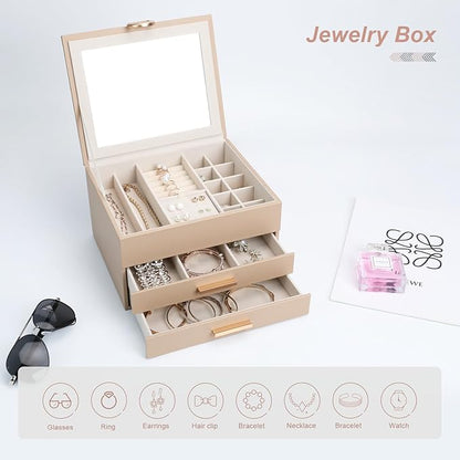 Leather Jewelry Box Premium 3-Layer Jewelry Case with Mirror - Scratch-Resistant Storage for Earrings, Rings, Necklaces, Ideal Gift for Women Apricot