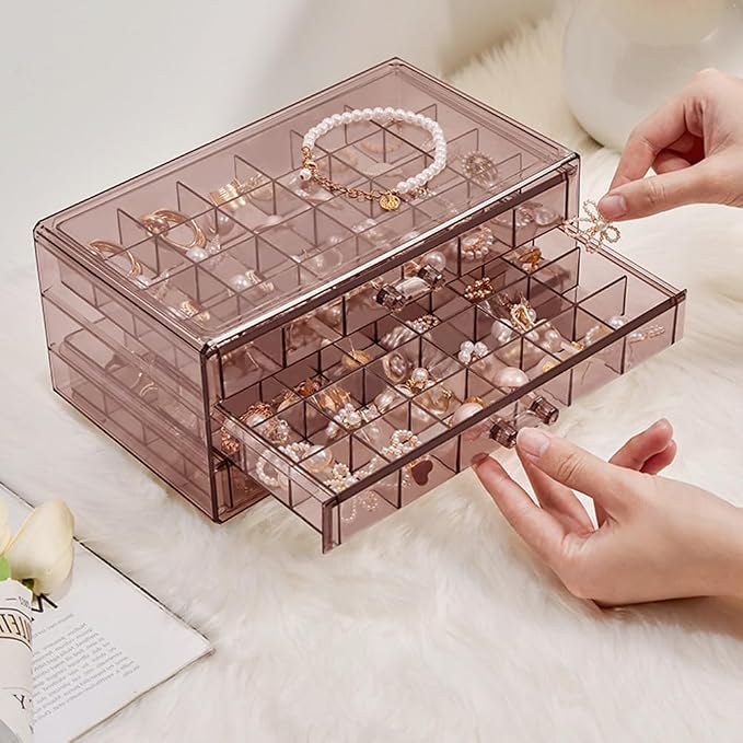 YUFONG Earring Storage Box Organizer 3 Drawers Acrylic Jewelry Storage Box Holder Transparent Jewelry Display Stand with 72 Small Compartments Gift for Women Girls (Clear Purple Brown)