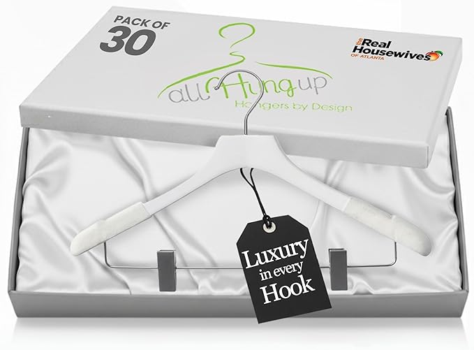 Wooden Hangers with Clips for Women, Solid Wood Skirt & Suit Hangers, Heavy-Duty Adjustable Non-Slip Design with Velvet Grip, White with White Velvet, 30 pcs