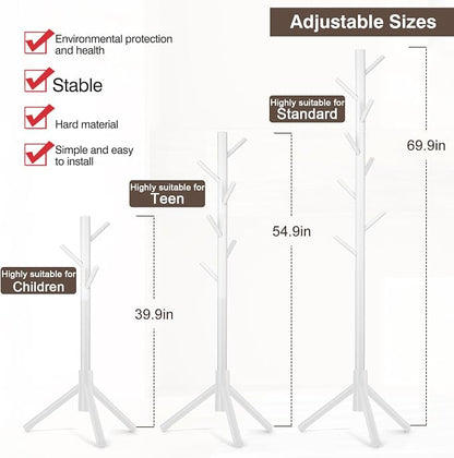 WANGMUXIA Coat Rack, Freestanding Coat Rack with 8 Hooks and 3 Adjustable Size Tree Coat Racks for Bedroom, Hallway, Entrance, Office, for Hats, Coats, Scarves, Handbags