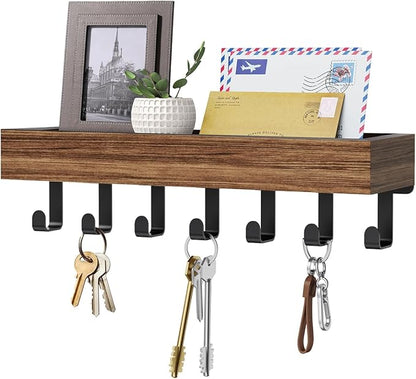 Key Holder Wall Mount Adhesive Magnetic - Hanging Key Hooks with Mail Organizer Tray for Wallet House - Keys Hanger Rack with Shelf for Camper Entryway Door Home Living Room Decor Large Rustic