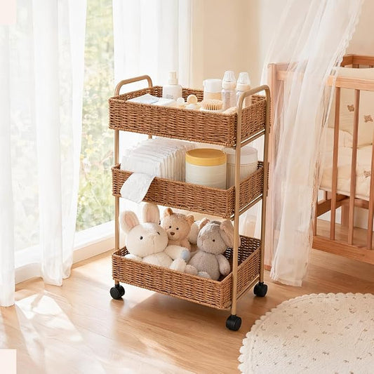 FOCHIER F Utility Storage Cart,3-Tier Rolling Kitchen Office Laundry Room Cart with Wheels,Mobile Shelving Unit Organizer for Living Room,Bathroom, Baby Diaper Cart,Art,Dining Room