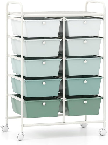 Giantex 10 Drawers Rolling Cart, Classroom Organizers, Storage Cart with Wheels, for Teacher Office Home School Supplies Tool Craft Art Paper, Green Gradient