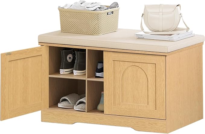 DINZI LVJ Shoe Bench, Entryway Storage Bench with Doors, Cushion, 2-Tier Shoe Rack with 6-Cubby, 31.5”L x 13.8”W Shoe Organizer Cabinet, Adjustable Shelf, Living Room, Bedroom, Natural