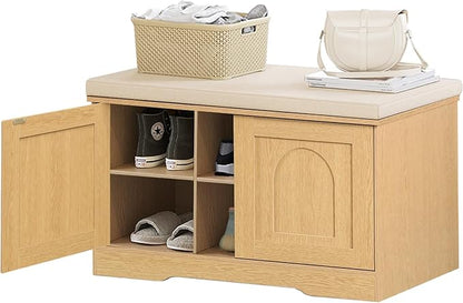 DINZI LVJ Shoe Bench, Entryway Storage Bench with Doors, Cushion, 2-Tier Shoe Rack with 6-Cubby, 31.5”L x 13.8”W Shoe Organizer Cabinet, Adjustable Shelf, Living Room, Bedroom, Natural