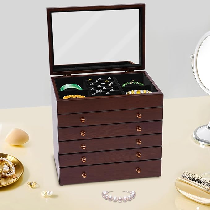 Wood Jewelry Box 6-Tier Large Jewelry Organizer Cabinet with 5 Drawers Women Girls Storage Display Case for Necklace Rings Earrings Accessories, with Mirror and Lock (With Mirror)