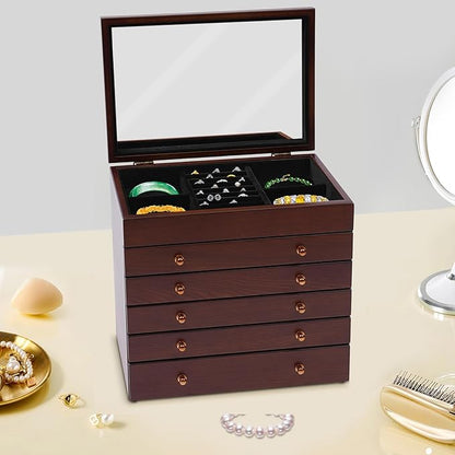 Wood Jewelry Box 6-Tier Large Jewelry Organizer Cabinet with 5 Drawers Women Girls Storage Display Case for Necklace Rings Earrings Accessories, with Mirror and Lock (With Mirror)