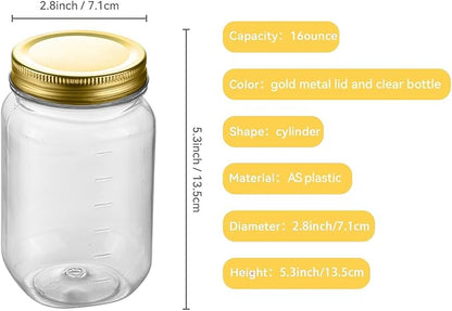 novelinks 16 oz Clear Plastic Jars with Lids, Refillable 16oz Mason Jars with Lids & Storage Containers for Kitchen & Household Use (5 Pack,Gold)