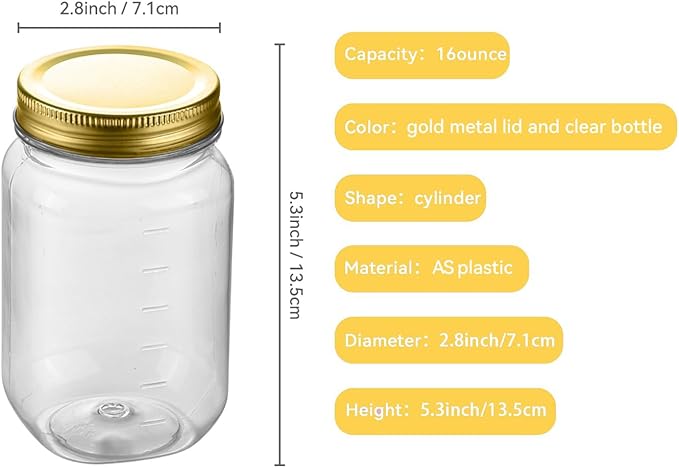 novelinks 16 oz Clear Plastic Jars with Lids, Refillable 16oz Mason Jars with Lids & Storage Containers for Kitchen & Household Use (15 Pack,Gold)