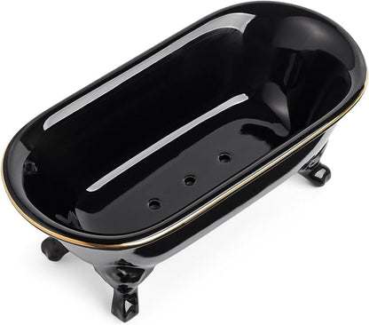 6.5" Ceramic Mini Decorative Clawfoot Bathtub Bar Soap Dish, Kitchen Sponge Holder and Shower Tray for Bathroom, 1 Pack (Black Gold Rim)