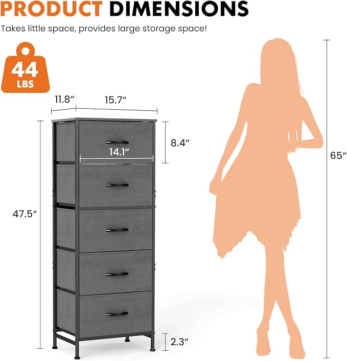 Sweetcrispy 5 Drawer Dresser with Fabric Bins Steel Frame Wood top Storage Chest for Bedroom Closet Hallway Gray Compact Organizer Durable Home Storage Solution