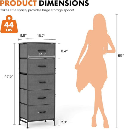 Sweetcrispy 5 Drawer Dresser with Fabric Bins Steel Frame Wood top Storage Chest for Bedroom Closet Hallway Gray Compact Organizer Durable Home Storage Solution