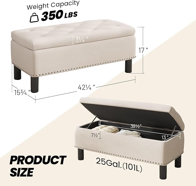 Furniliving Large Storage Ottoman, Beige, Wood Frame, Linen Fabric, 285 Lbs Capacity
