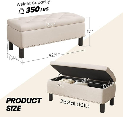 Furniliving Large Storage Ottoman, Beige, Wood Frame, Linen Fabric, 285 Lbs Capacity