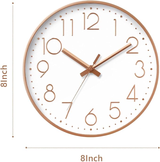 DAXSMY Wall Clock - 8 Inch Silent Non-Ticking Modern 3D Wall Clocks Battery Operated - Decorative Clock for Kitchen, Home Office, Bathroom, Bedroom(Rose Gold)