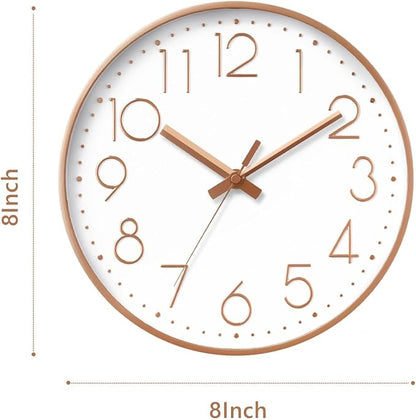 DAXSMY Wall Clock - 8 Inch Silent Non-Ticking Modern 3D Wall Clocks Battery Operated - Decorative Clock for Kitchen, Home Office, Bathroom, Bedroom(Rose Gold)