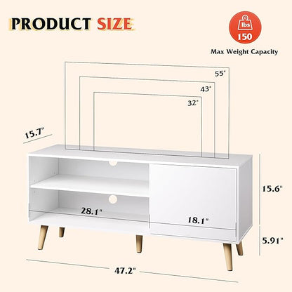 WLIVE TV Stand for 55 Inch TVs, Entertainment Center with Storage Cabinet, Mid-Century TV Stands for Living Room and Bedroom, 50" TV Console, White