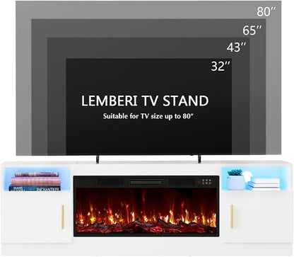 LEMBERI 70" Fireplace TV Stand for TVs up to 80", 36" Electric Fireplace 750W/1500W Entertainment Center with 20-Color LED, 300lbs Max Capacity High Gloss Storage Cabinet Console, White