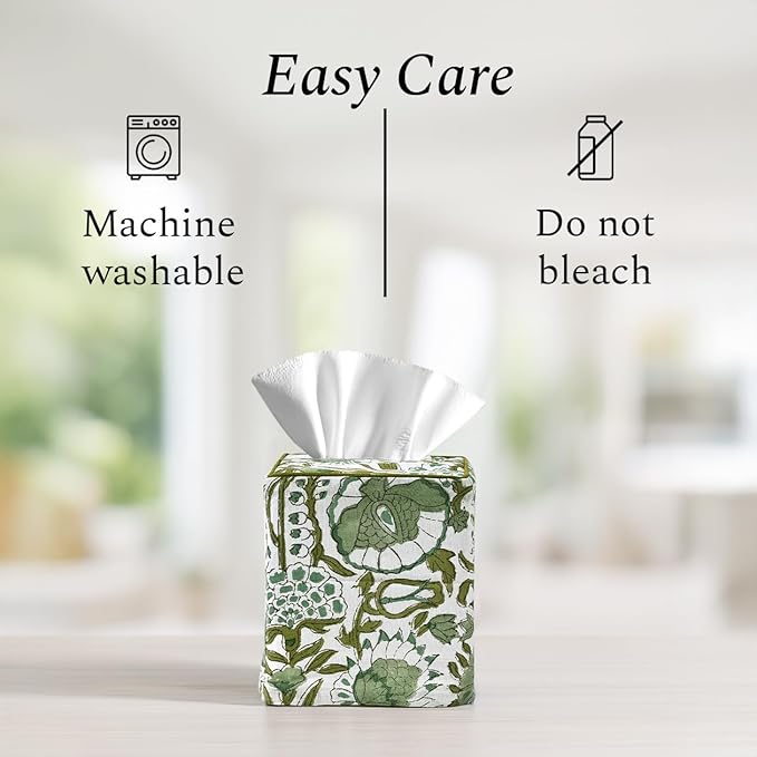 CPC Agate Green Hand Block Printed Cotton Tissue Box Cover 5" x 5" x 5.5" Square Soft Reusable Boho Napkin Holder for Home Kitchen Dining Bathroom Office Cafe Spa Summer Thanksgiving