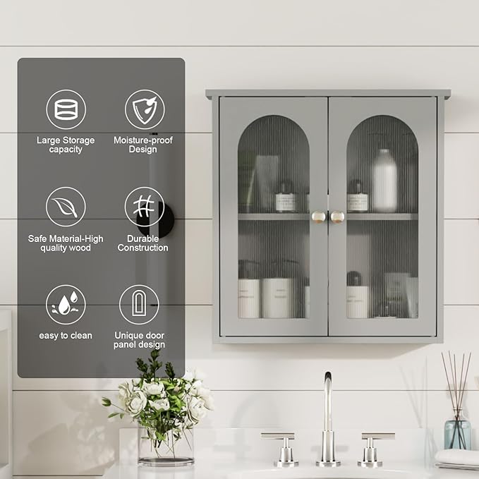 Bathroom Wall Cabinet,Medicine Cabinets Wall Mounted with Arched,Bathroom Medicine Cabinet Over Toilet,Surface Mount Medicine Cabinet for Laundry Room,Kitchen,Grey Storage Cabinet 22x23