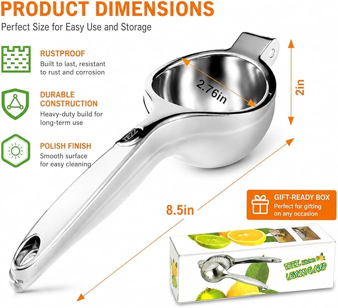 TEZZ Premium Lemon Squeezer, Large Heavy Duty Handhelp Juicer for Lemon, Metal Hand Press Citrus Juicer, Lime Squeezer Bar Tool, Manual Citrus Press | Large bowl ergonomic handle easy handheld press for lemons and limes