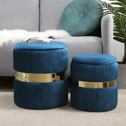 YYW HOME Blue Round Ottoman with Storage Set of 2 Vanity Stool Foot Rest with Removable Lid Blue Velvet Storage Ottoman Stool for Living Room and Dorm (Gold and Blue)