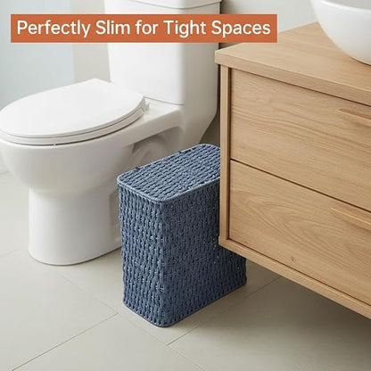 3 Gallon Paper Rope Bathroom Trash Can,Small Wicker Trash Cans with Lid and Liner,Woven Rattan Narrow Waste Basket for Bedroom,Office,Blue